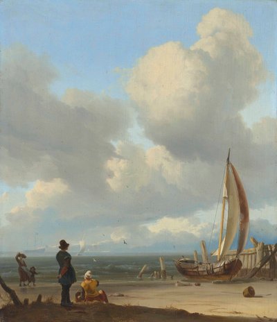 An Extensive Seascape with Figures by a Boat on a Shore near Huisduinen by Ludolf Bakhuizen