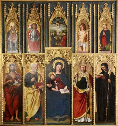 Retable, 10 Panels: Virgin and Child between Saint John the Baptist and Saint Peter, A Bishop and Abbot, Christ on the Cross between Saint John and the Virgin, Saint Martin and Saint Victor, Saint Sebastian and Saint Margaret by Ludovico Brea