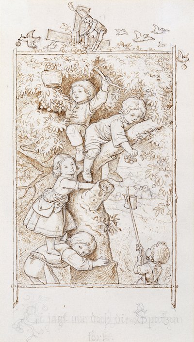Plum Hunt with Sparrows; Ei Jagt Mir Doch die Spatzen Fort by Ludwig Adrian Richter
