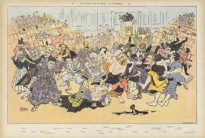 A Session of Ju-Jitsu in the Chamber. Illustration for Le Rire by Ludwig Braun