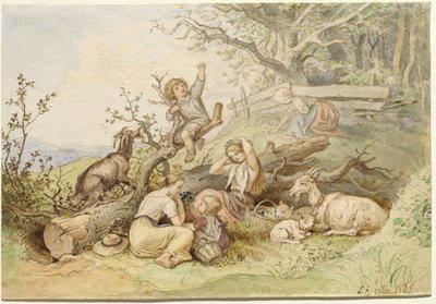 Children and Goats Resting by a Felled Tree by Ludwig Richter