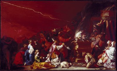 Sacrifice Scene. Bible characters gathered around an altar. A lamb lies at the foot of the altar. by Luigi Miradori