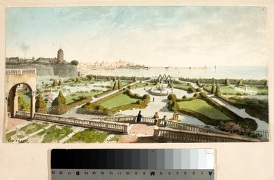 The park of the villa of Prince Doria and Genoa in the background by Luigi Garibbo