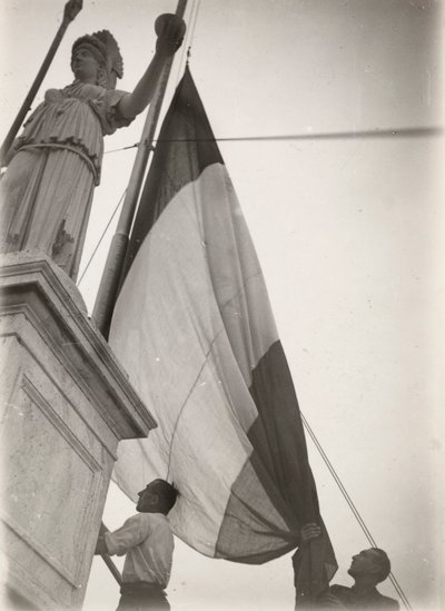 Italian Flag Hoisted Near a Statue by Luigi Leoni
