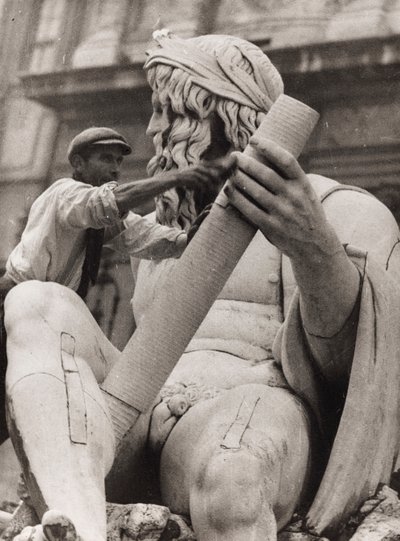 Worker on the Sculpture of the Ganges in the Fountain of the Four Rivers in Piazza Navona in Rome by Luigi Leoni