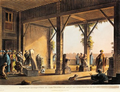 Egyptian antiquities in the yard of a Boulaq house, engraving from Views in Egypt by Luigi Mayer