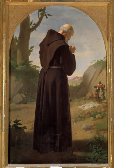 Monk praying in front of a tomb by Luigi Sciallero