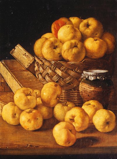 Apples in a Basket, a Jar and Condiment Boxes on a Table by Luis Egidio Melendez