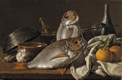 Still Life With Bream, Oranges, Garlic and Kitchen Utensils by Luis Egidio Melendez