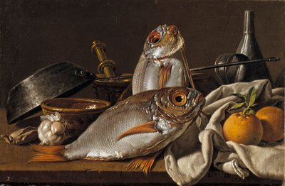 Still Life with Bream, Oranges, Garlic and Kitchen Utensils by Luis Egidio Melendez