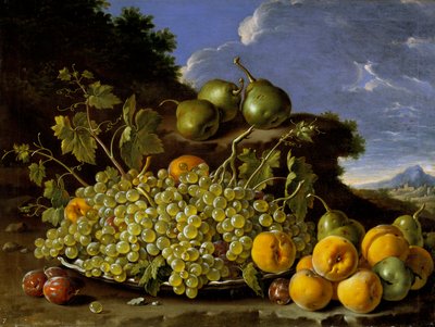 Still life with plate of grapes, peaches, pears and plums in a landscape by Luis Egidio Melendez