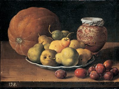 Pears on a Plate, a Melon, Plums and a Decorated Mansies Jar on a Wooden Ledge by Luis Egidio Menendez or Melendez