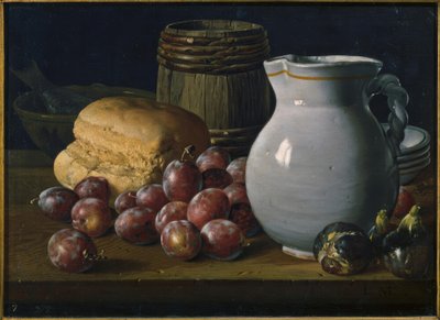 Still Life with Plums, Figs, Bread, Barrel, Jug and Other Vessels by Luis Meléndez