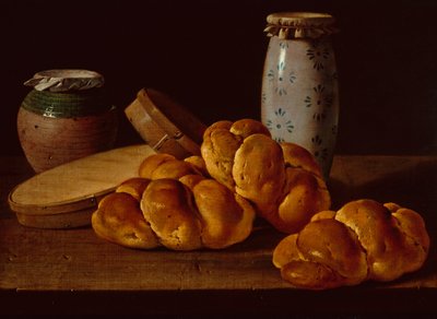 Still Life with Bread, Sweet Boxes, Honey Pot and Ceramic Jar by Luis Menendez or Melendez