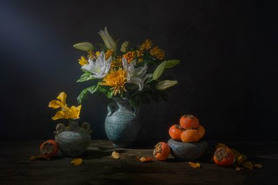Autumn Blooms and Fruit by Lydia Jacobs