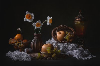 Daffodils Fruit Still Life by Lydia Jacobs