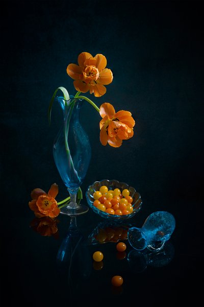 Orange Blooms Blue Glass by Lydia Jacobs