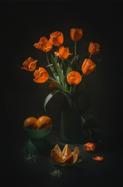 Orange Tulips Still Life by Lydia Jacobs