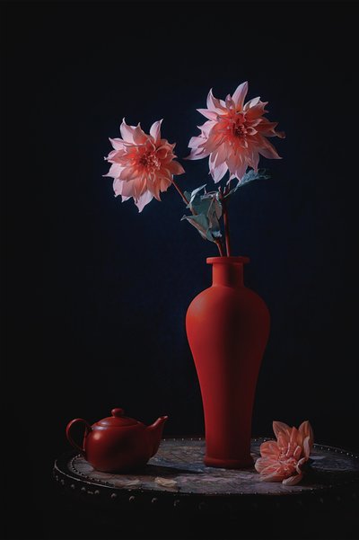 Pink Dahlias Red Vase by Lydia Jacobs