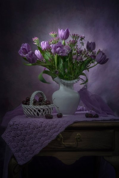 Purple Tulips and Cherries by Lydia Jacobs