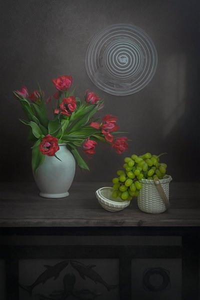 Red Tulips Green Grapes by Lydia Jacobs
