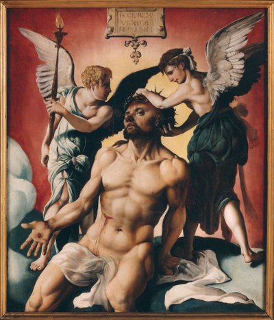 Christ crowned with thorns between two angels by Maarten Jacobsz Heemskerck van