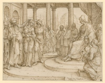 You Shall Not Bear False Witness Against Your Neighbor. Susanna Before the Judge, Preliminary Drawing for Plate 8 of the "Ten Commandments" by Maarten van Heemskerck