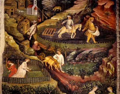 Work in fields, detail from Month of October, Cycle of Months by Maestro (attr. to) Venceslao