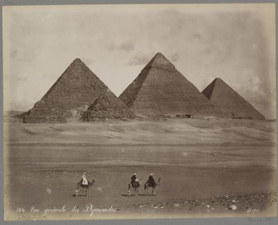 View of the pyramids of Mykerinos, Chefren, and Cheops at Giza by Maison Bonfils