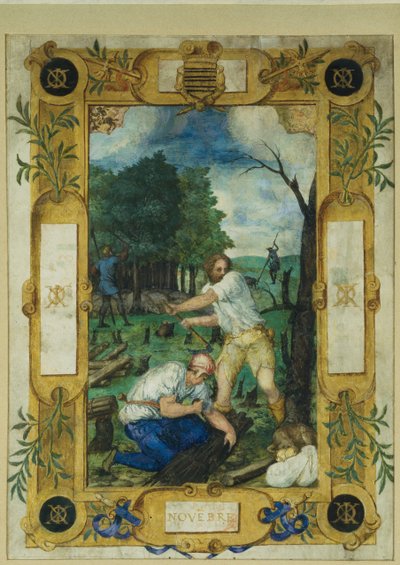 Calendar page for November, felling of the trees, from a book of hours, c.1550-60 by Maitre des Heures de Claude Gouffier