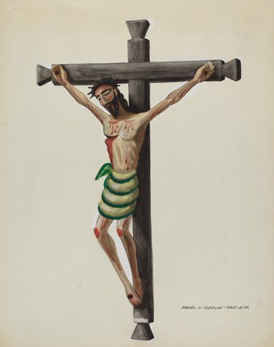 Cristo, Carved and Painted, on Black Carved Wooden Cross by Majel G. Claflin