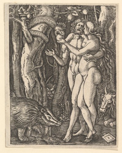 Adam and Eve with Apple and Serpent by Marcantonio Raimondi