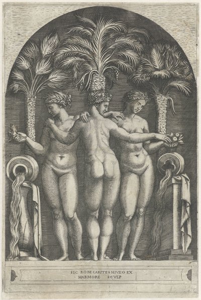 Three Graces Standing in a Niche Before Three Palm Trees and Flanked by Jugs Pouring Water by Marcantonio Raimondi