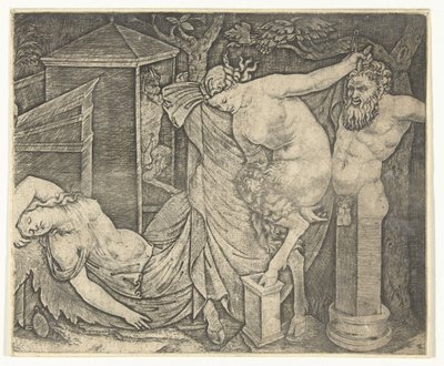 Fragment of Bacchanal with Satyr Woman and Herm and Sleeping Bacchante by Marcantonio Raimondi