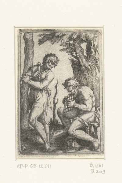 Young Shepherd with Shawm and Old Shepherd with Pan Flute by Marcantonio Raimondi
