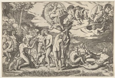 Judgment of Paris: Paris Extends His Hand Toward Venus, Who Stands Between Juno and Minerva by Marcantonio Raimondi