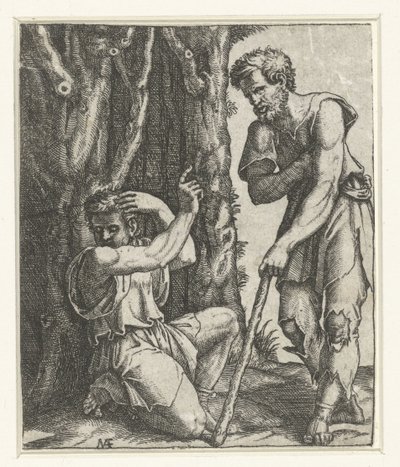 Man Kneeling and Turning Away from Beggar at Forest Edge by Marcantonio Raimondi