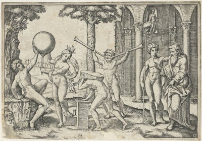 Man with Two Trumpets and Man with Stone on His Back Flanked by Man and Woman with Globe and Old and Young Man by Marcantonio Raimondi