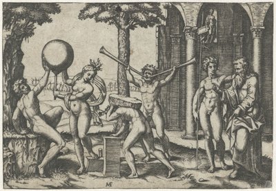 Man with Two Trumpets and Man with Stone on His Back Flanked by Man and Woman with Globe and Old and Young Man by Marcantonio Raimondi