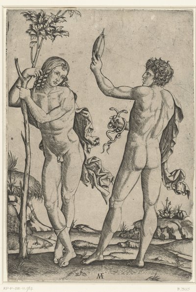 Naked Man Leaning Against Tree and Naked Man with Mirror and Two Snakes by Marcantonio Raimondi