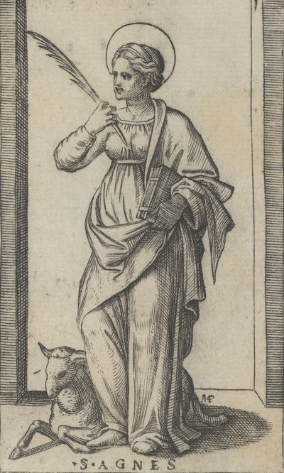 Saint Agnes Standing Holding a Palm in Her Right Hand, a Sheep Lower Left by Marcantonio Raimondi