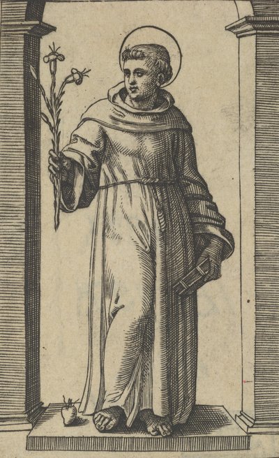 Saint Anthony of Padua standing, lilies in his raised right hand, a book in his..., ca. 1500-1527 by Marcantonio Raimondi