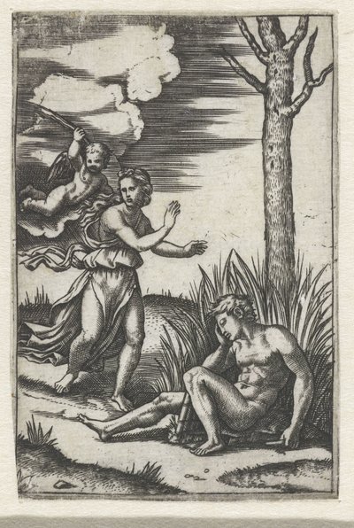 Sleeping Man and Nymph Pursued by Amor by Marcantonio Raimondi