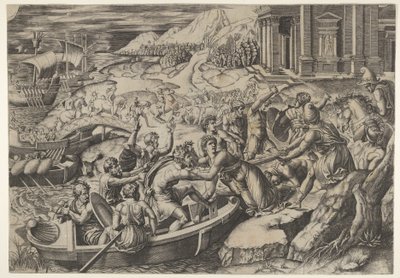 The Abduction of Helen, Battle Scene on a Shore with Two Men Pulling Helen into a Boat by Marcantonio Raimondi