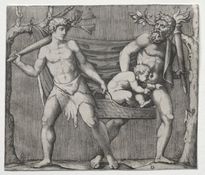 Two Fauns Carrying a Child in a Basket by Marcantonio Raimondi