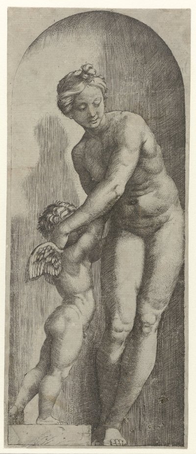 Venus and Amor Standing in Niche by Marcantonio Raimondi
