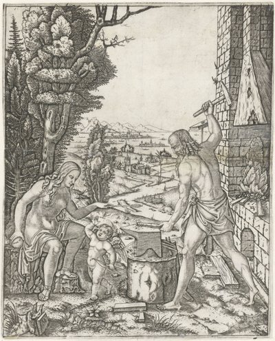 Vulcan forging arrows and wings for Amor in the presence of Venus by Marcantonio Raimondi