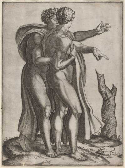 Two Nude Men by Marcantonio Raimondi after Michelangelo