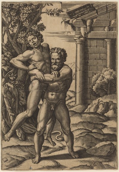 Hercules and Antaeus by Marcantonio Raimondi after Raphael