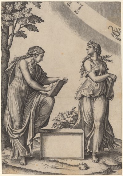 Two Women with the Zodiac by Marcantonio Raimondi after Raphael
